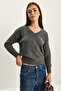 Women's Anthracite Self-Textured V-Neck Sweater 8078 60283688 - 4
