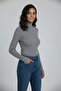 Women's Gray Corded Fabric Full Turtleneck Basic Knitwear Sweater - 3