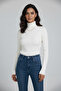 Women's White Corded Fabric Full Turtleneck Basic Knitwear Sweater - 3