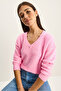 Women's Candy Pink Self-Textured V-Neck Sweater 8078 60283688 - 2