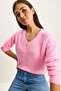 Women's Candy Pink Self-Textured V-Neck Sweater 8078 60283688 - 3