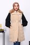 Beige Collar Fur Long Inflatable Vest with Rubber Belt - 3