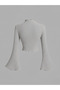 Gray Corded Fabric Knitwear Blouse Long Sleeve, Flared Sleeve, Mock Neck Crop Top - 2