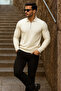Men's Trend Zippered Long Sleeve Cream Polo Neck Sweater - 4