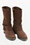 Women's Suede Boots Gusseted Zippered Platinum Buckle Brown Vandira - 2