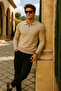 Men's Casual Zippered Beige Long Sleeve Polo Neck Knitwear - 3