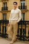 Men's Trend Zippered Cream Long Sleeve Polo Neck T-Shirt - 4