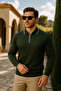 Men's Casual Zippered Khaki Long Sleeve Polo Neck Knitwear - 2