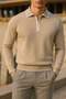 Men's Striped Trend Long Sleeve Beige Polo Neck Sweater - 2