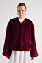 Women's Burgundy Detachable Collar Design Fur Coat 30082 - 7