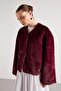 Women's Burgundy Detachable Collar Design Fur Coat 30082 - 8