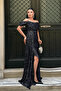 Sequin Fabric Detachable Collar Evening Dress - Dark Blue