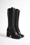 Women's Genuine Leather Lace-Up Heeled Boots - Black - 2