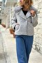 Gray Fur Collar Textured Buttoned Pocketed Cashmere Woven Coat 60 45
