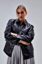 Women's Black Zippered Leather Jacket Regular Fit – Double-Breasted Shirt Collar Long Jacket with Pockets | - 2