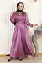 Stone Detailed Satin Evening Dress Dusty Rose Msw19901-5