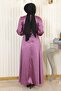 Stone Detailed Satin Evening Dress Dusty Rose Msw19901-5 - 4