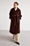 Women's Brown Long Plush Lined Belted Design Coat 30043 - 3