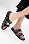 Black Slippers with Sparkling Stone and Pearl Detailed Buckle - 7