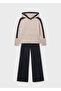 Beige-Black Girls' Pants Hooded Sweater Set 7585