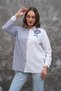 Two-Color Striped Floral Embroidery Detail Loose Fit Oversize Cotton Shirt - 3