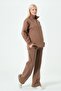 Maternity Adjustable Waist Wide Leg Zippered Thermal Tracksuit Set Brown - 4