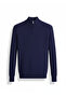 Men's Thessaloniki Knitted Textured Zipper Collar Cotton Knitwear Sweater Navy Blue Eca045