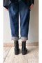 Women's Blunt Toe Double Elastic Thick Heeled Boots Black Leather Leather - 2