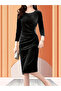 Women's Long Sleeve Boots Neckline Side Stone Detailed Midi Velvet Dress - 2