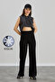 Women's black winter modal wide-leg piped high-waist elastic-waist soft-textured stretch fabric trousers - 2