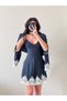 Women's Navy Blue Striped Lace Detailed Blazer Jacket Dress Suit - 2