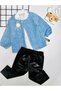 Baby Girl Leather Pants Teddy Cardigan Chiffon Shirt 3Pcs Set Blue-Black