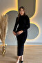 Draped Slit Long Sleeve Silvery Black Midi Dress - 6