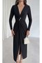 Double-Breasted Sandy Long Sleeve Dress with Collar Front Slit Shoulder Pad Accessories Detail - 3