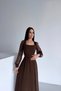 Square Neckline Sleeves Tulle Belted Brown Dress - 4