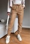 Beige Leather Elastic Long Pants with Tie-Up Waist and Knee Seam Detail