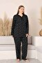 Black Floral Lace Detailed V-Neck Buttoned Transitional Cotton Lycra Long Sleeve Pajama Set Wide Fit - 6