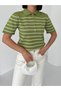 Polo Neck Striped Short Sleeve Women's Knitwear T-Shirt - 2