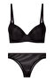 Patterned Black Underwire Padded Corded Fabric Bra Set - 6