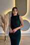 Draped Slit Glitter Emerald Midi Dress - 6