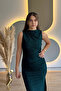 Draped Slit Glitter Emerald Midi Dress - 7