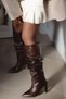 Diva Heeled Below-The-Knee Pointed Toe Matte Leather Black Women's Gusseted Boots Slouchy Bitter Brown Skin - 5
