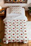 100% Cotton Red Autumn Flowers Patterned Single Pique Set - 4