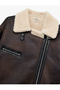 Plush Collar Lined Long Sleeve Pocket Zipper Leather-Look Jacket - 5