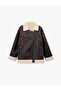 Plush Collar Lined Long Sleeve Pocket Zipper Leather-Look Jacket - 3