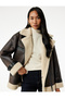 Plush Collar Lined Long Sleeve Pocket Zipper Leather-Look Jacket