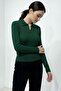 Women's Polo Neck Green Corded Fabric Ribbed Knit Long Sleeve T-Shirt - 6