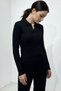 Women's Polo Neck Black Corded Fabric Ribbed Knit Long Sleeve T-Shirt - 5