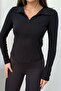 Women's Black Double Zipper Detailed Collar Top - 5