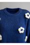 Women's Wool Cobalt Blue Crew Neck 3D Daisy Embossed Soft Textured Oversized Trend Knitwear Sweater - 4